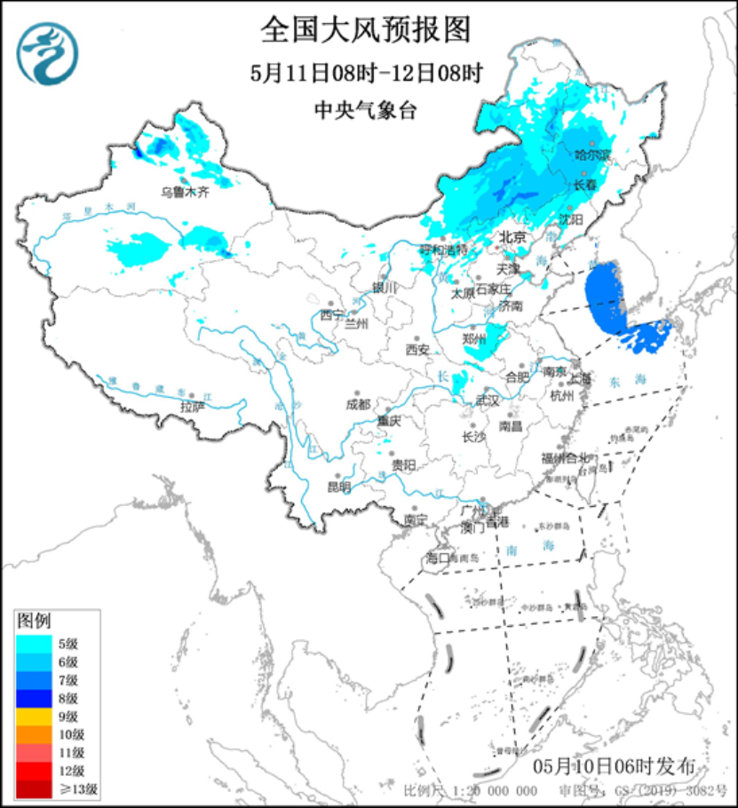 全国大风预报图（5月11日08时-12日08时）